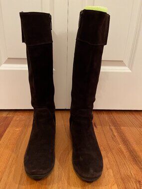 Women's Paul Green Abby Tall Boots Brown Suede w/ Side Zipper Top Buckle Sz 7 J